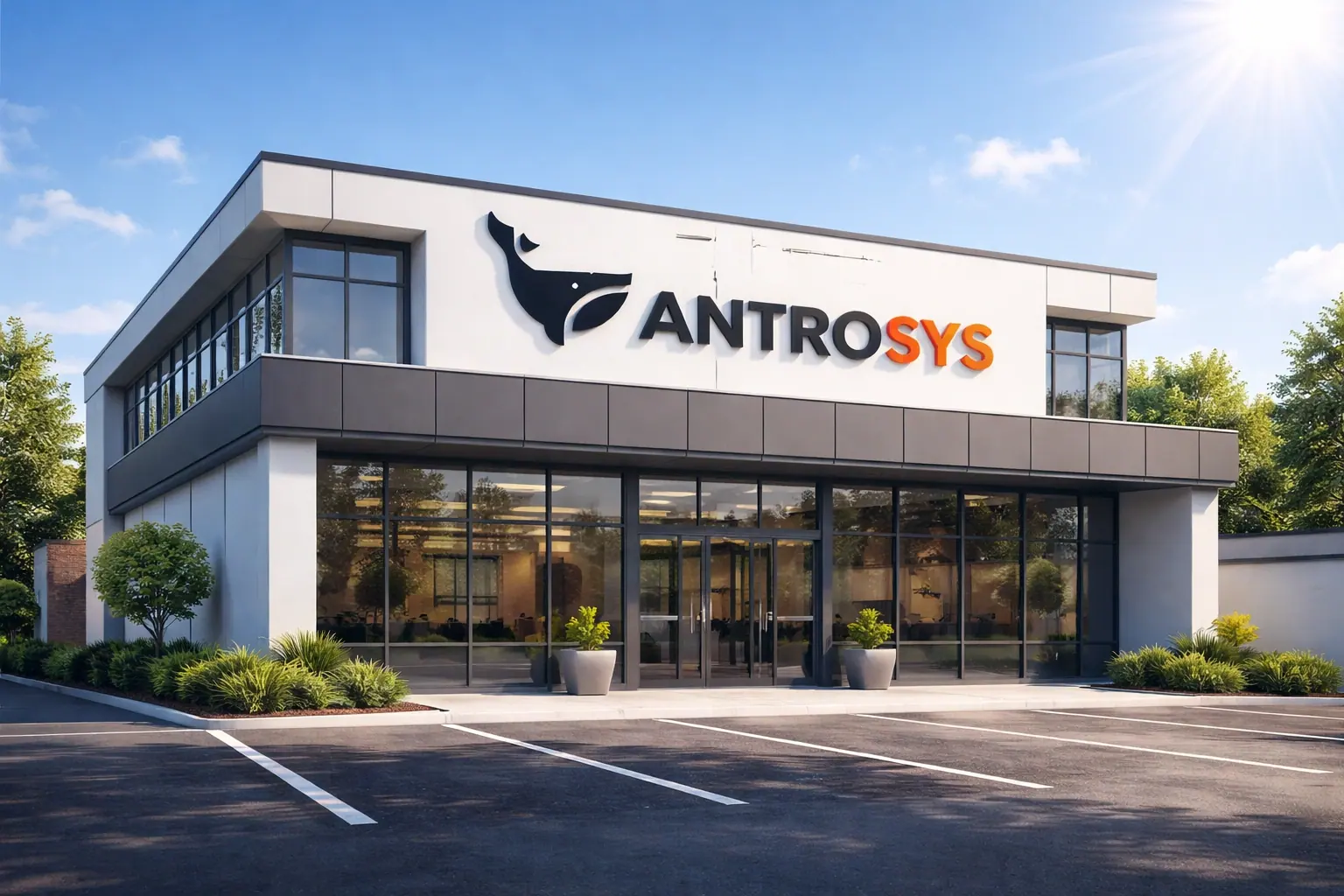 The AntroSys office building with the AntroSys sign on the front