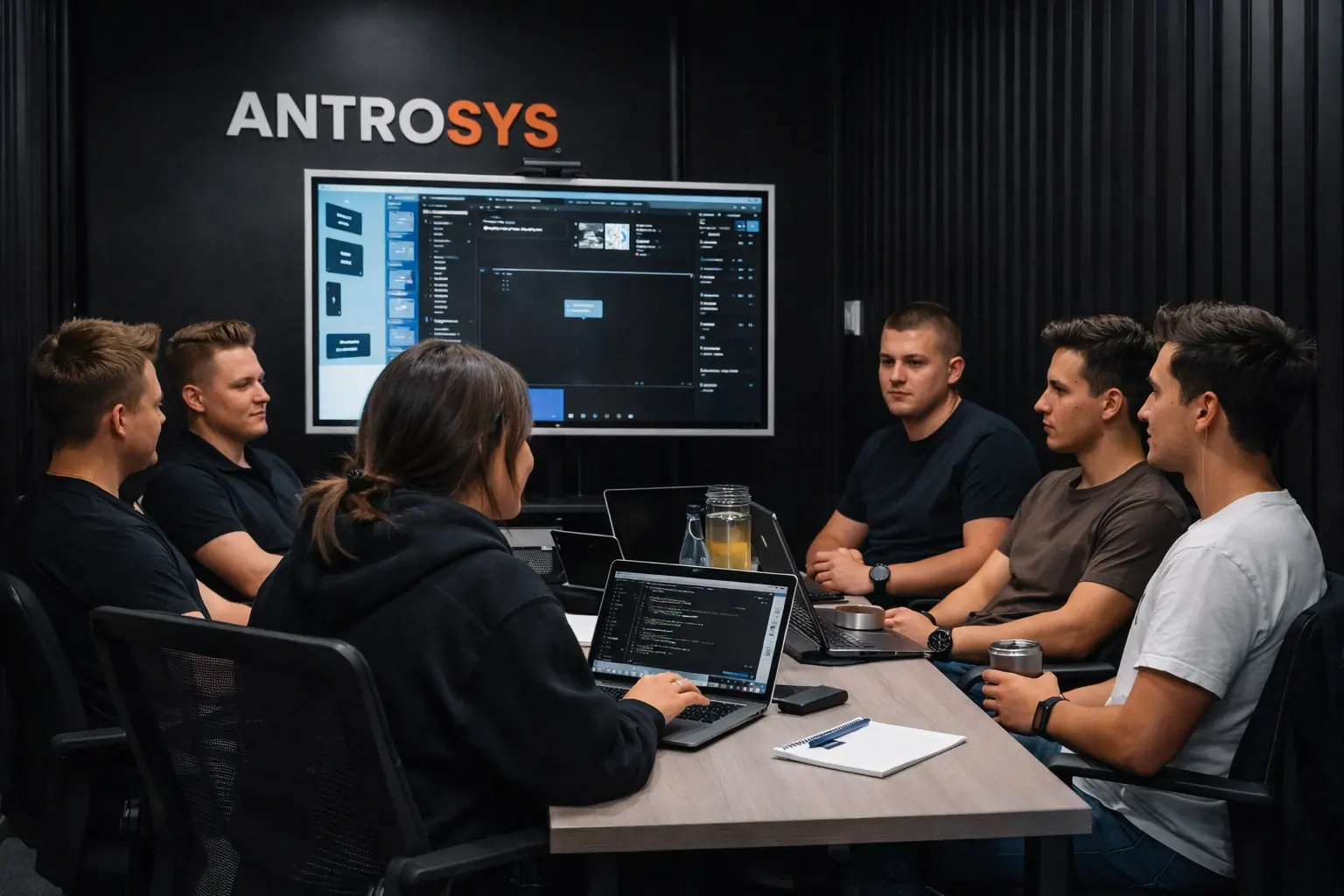 The AntroSys team in a planning meeting in front of a screen