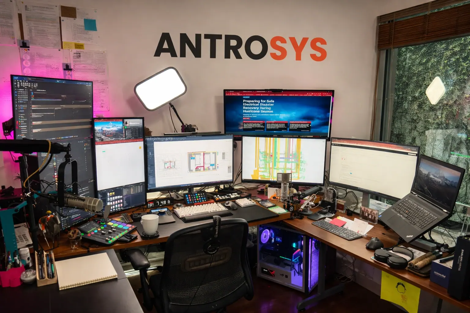 A multi-screen AntroSys workstation under the AntroSys sign